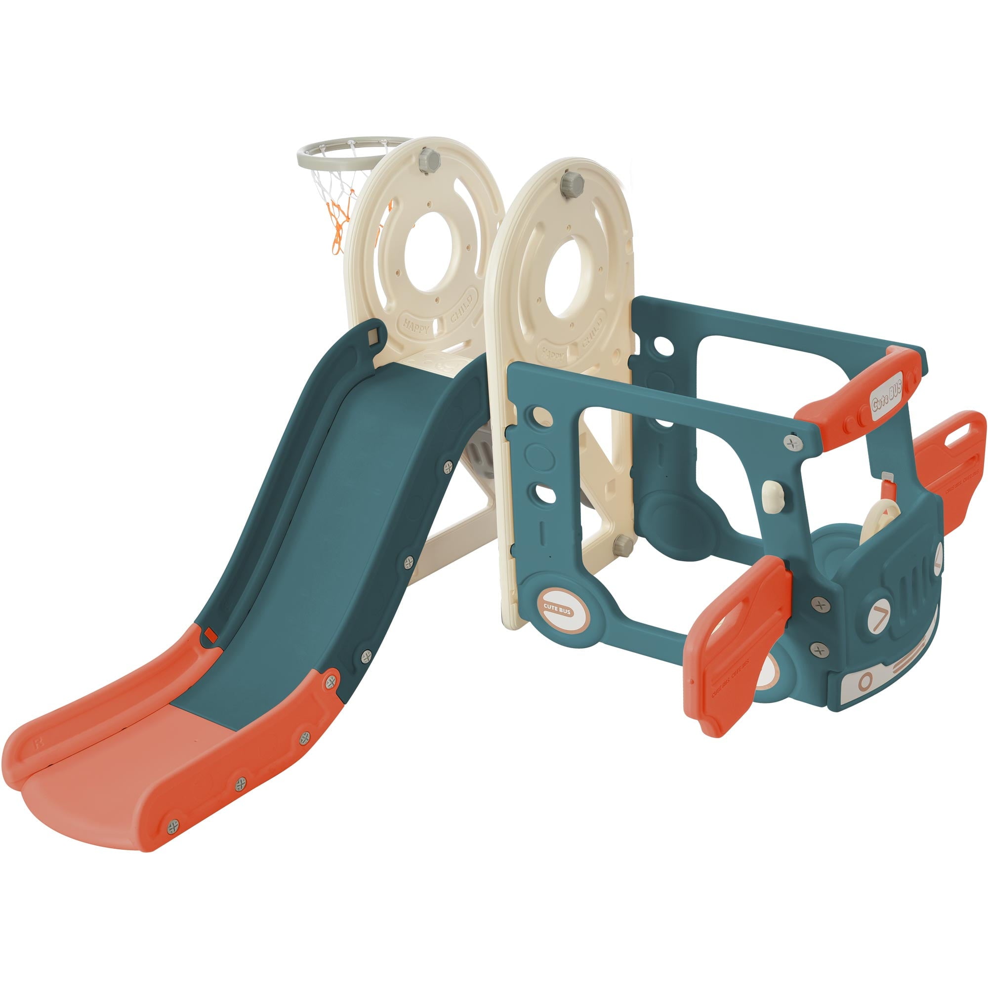 4 In 1 Slide Set for for Boys and Girls Bus Slide Set with Basketball Hoop, Kids Slide with Bus Play Structure, Freestanding Bus Toy with Slide for Toddlers, Easy Setup, Red