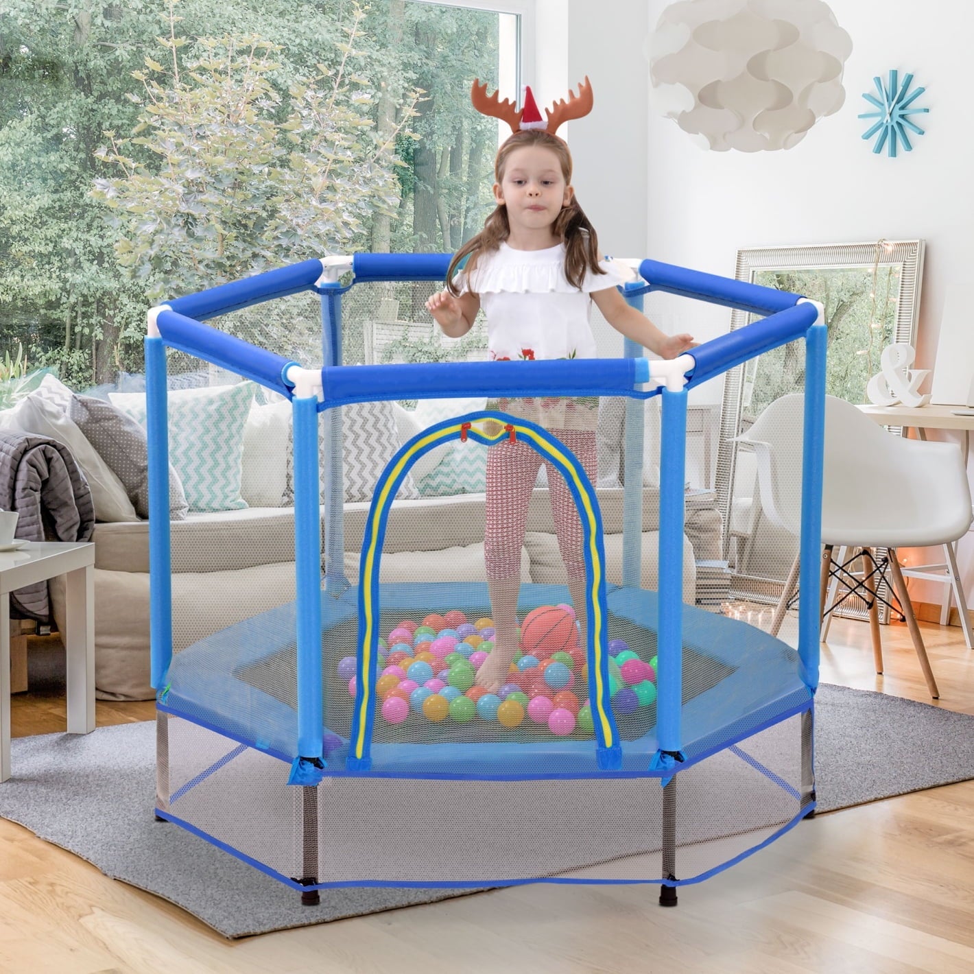 4.6FT Mini Hexagon Trampoline for Kids, Indoor Outdoor Trampoline with Safety Enclosure Net and Ball, Toddler Small Trampoline Gifts for Boy and Girls, 110 lbs Weight Capacity, Blue