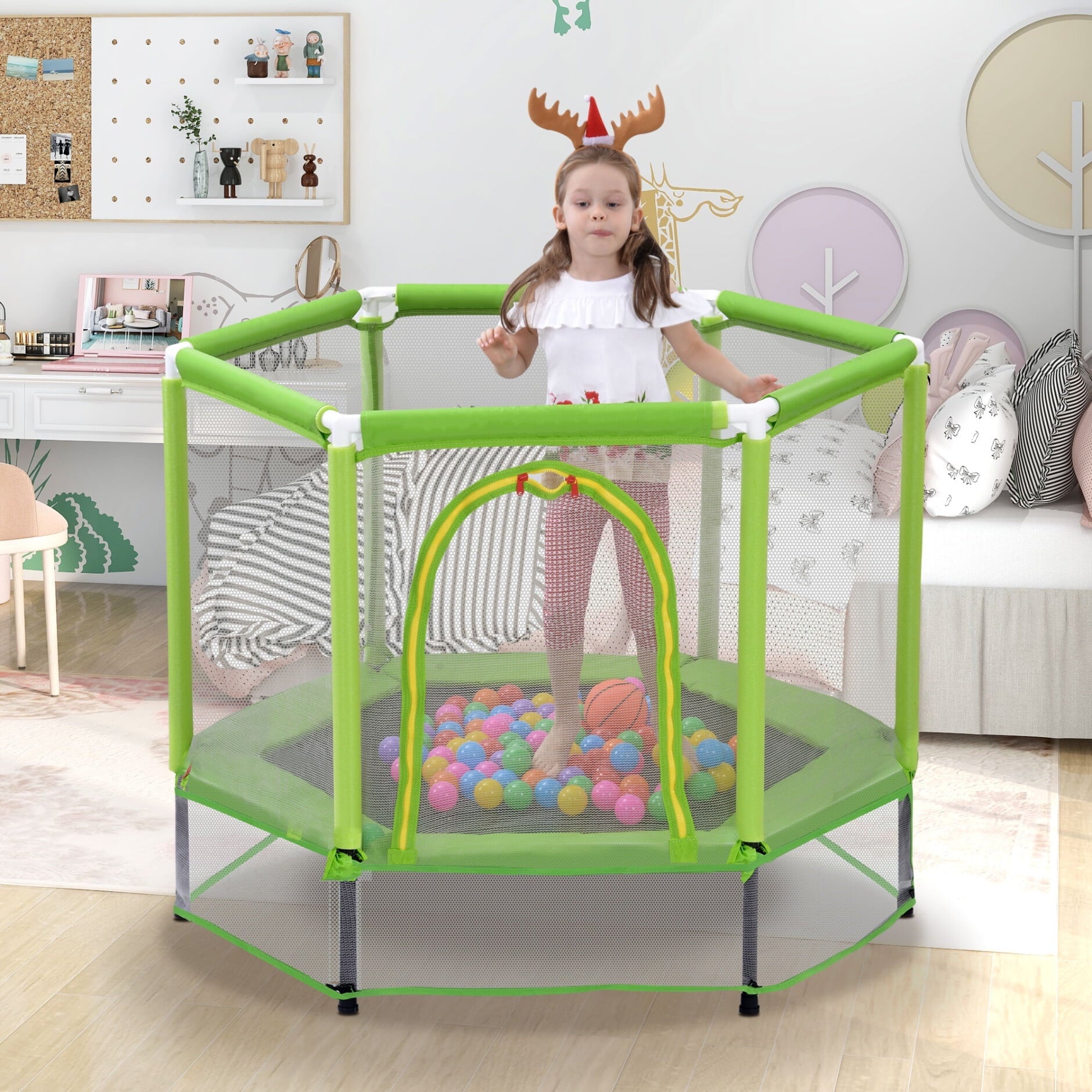 4.6FT Mini Hexagon Trampoline for Kids, Indoor Outdoor Trampoline with Safety Enclosure Net and Ball, Toddler Small Trampoline Gifts for Boy and Girls, 110 lbs Weight Capacity, Green