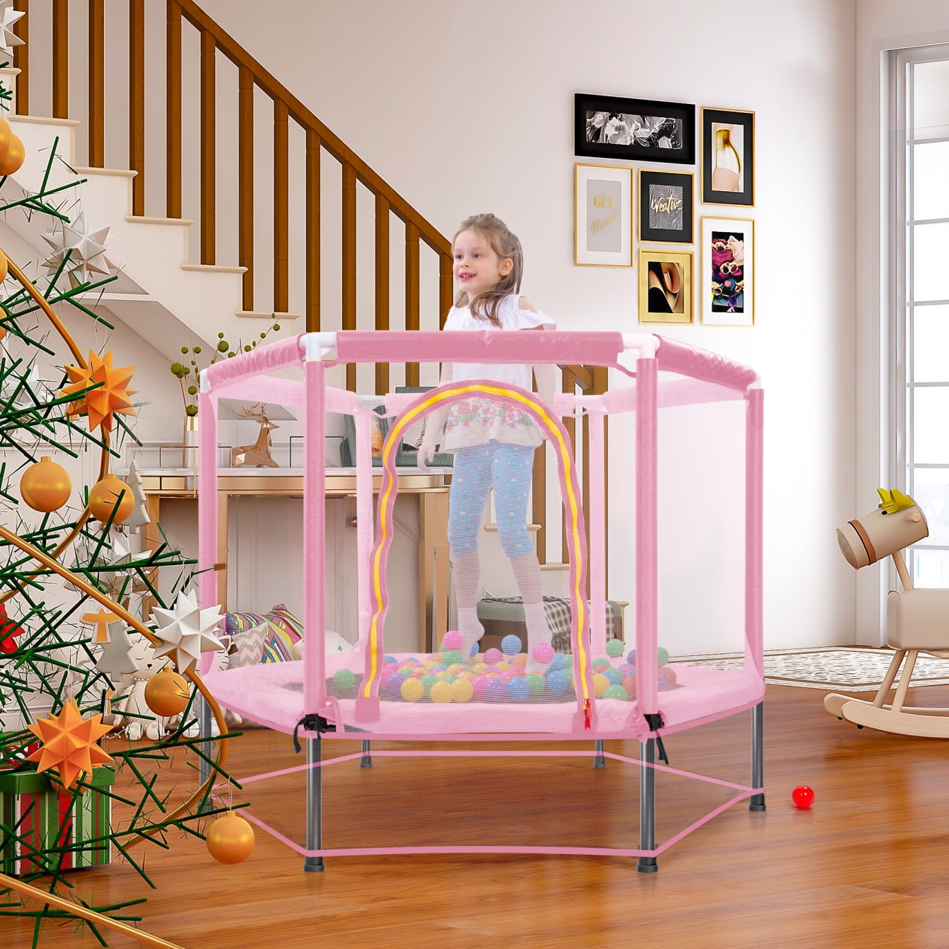 4.6FT Mini Hexagon Trampoline for Kids, Indoor Outdoor Trampoline with Safety Enclosure Net and Ball, Toddler Small Trampoline Gifts for Boy and Girls, 110 lbs Weight Capacity, Pink