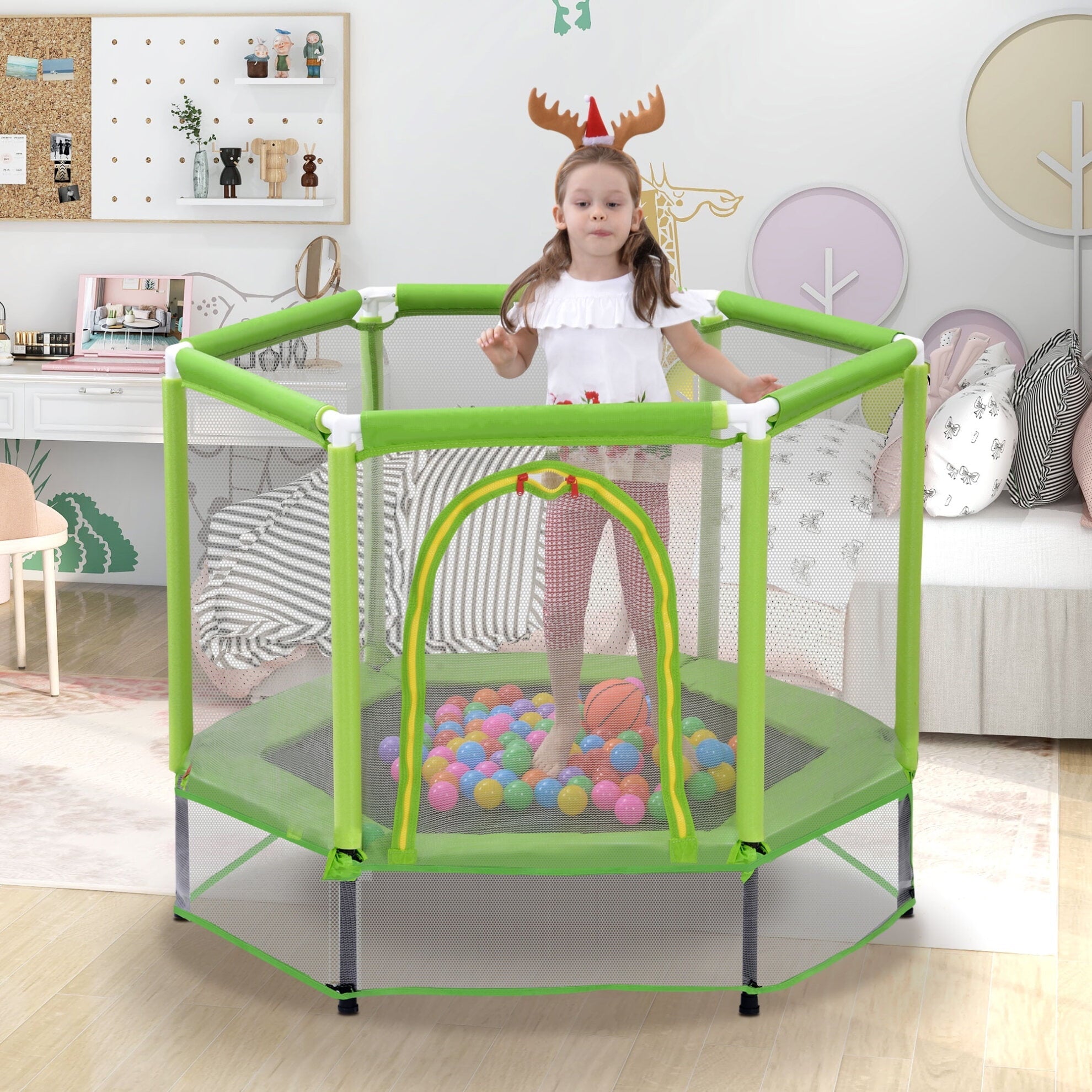 5.5FT Mini Round Trampoline with Ocean Balls, Indoor Outdoor Toddlers Trampoline with Enclosure Net, Kids Small Trampoline Gifts for Boy and Girls, 220 lbs Weight Capacity, Green