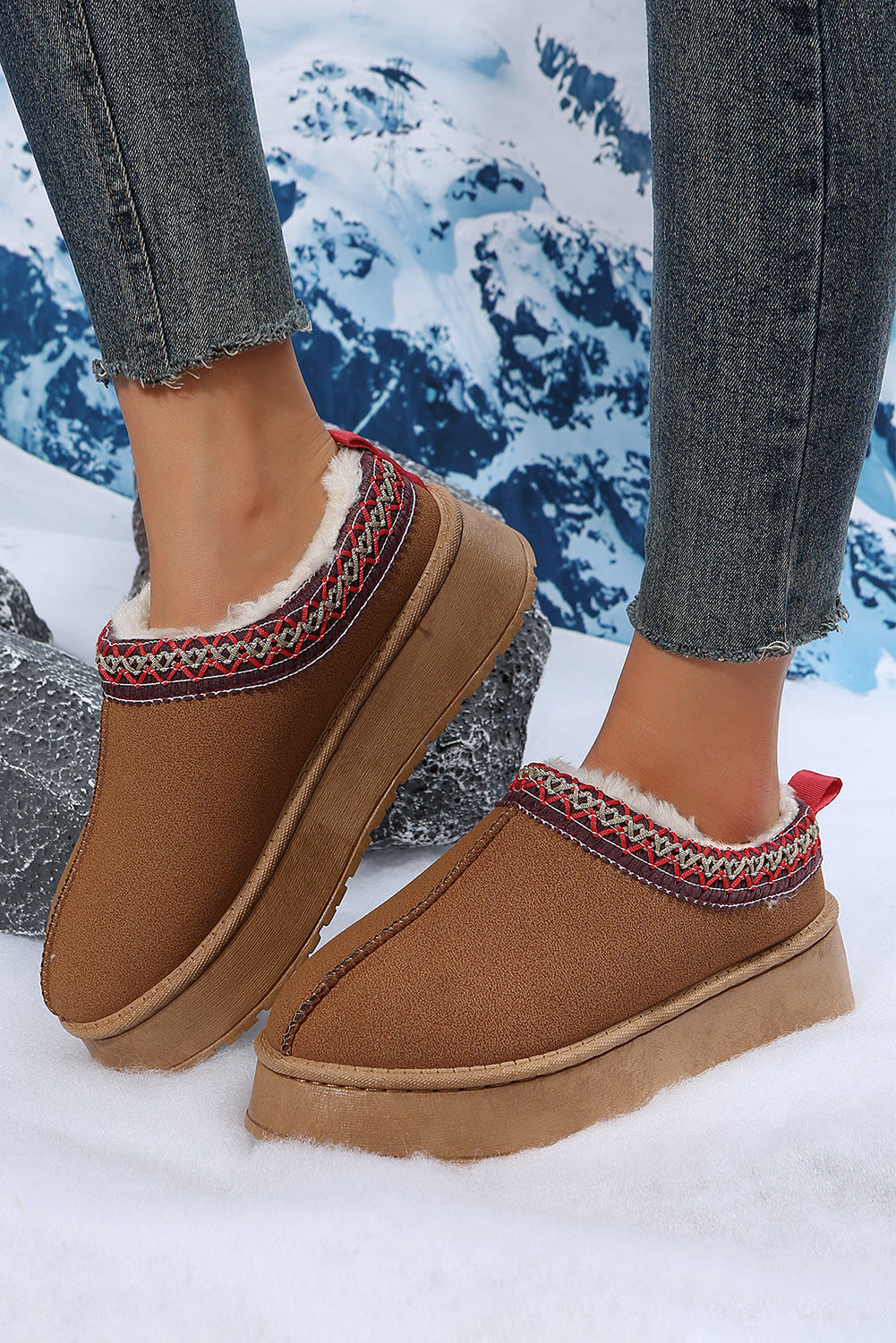 Fiery Red Suede Contrast Print Round Toe Plush Lined Flats