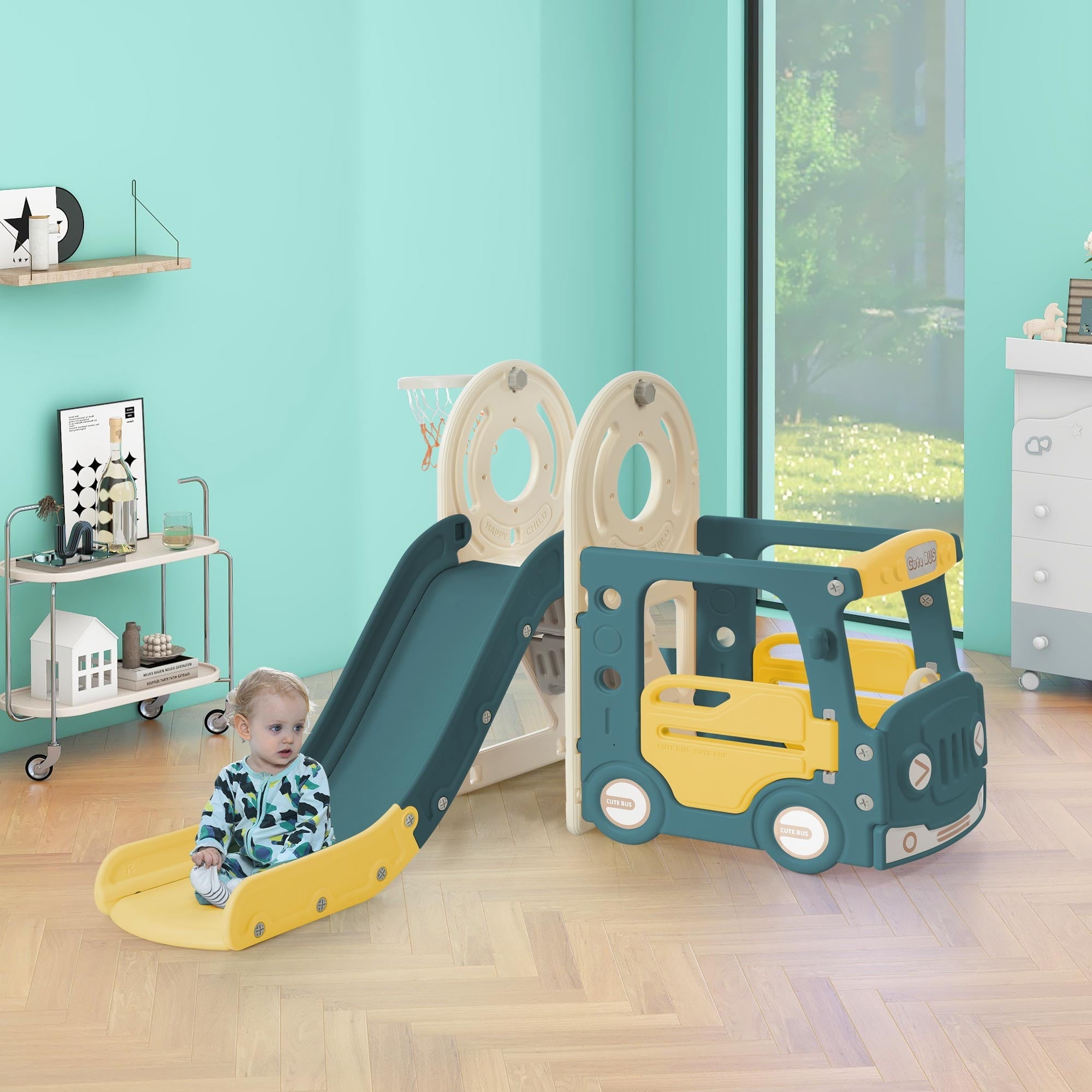 4 In 1 Slide Set for for Boys and Girls Bus Slide Set with Basketball Hoop, Kids Slide with Bus Play Structure, Freestanding Bus Toy with Slide for Toddlers, Easy Setup, Yellow