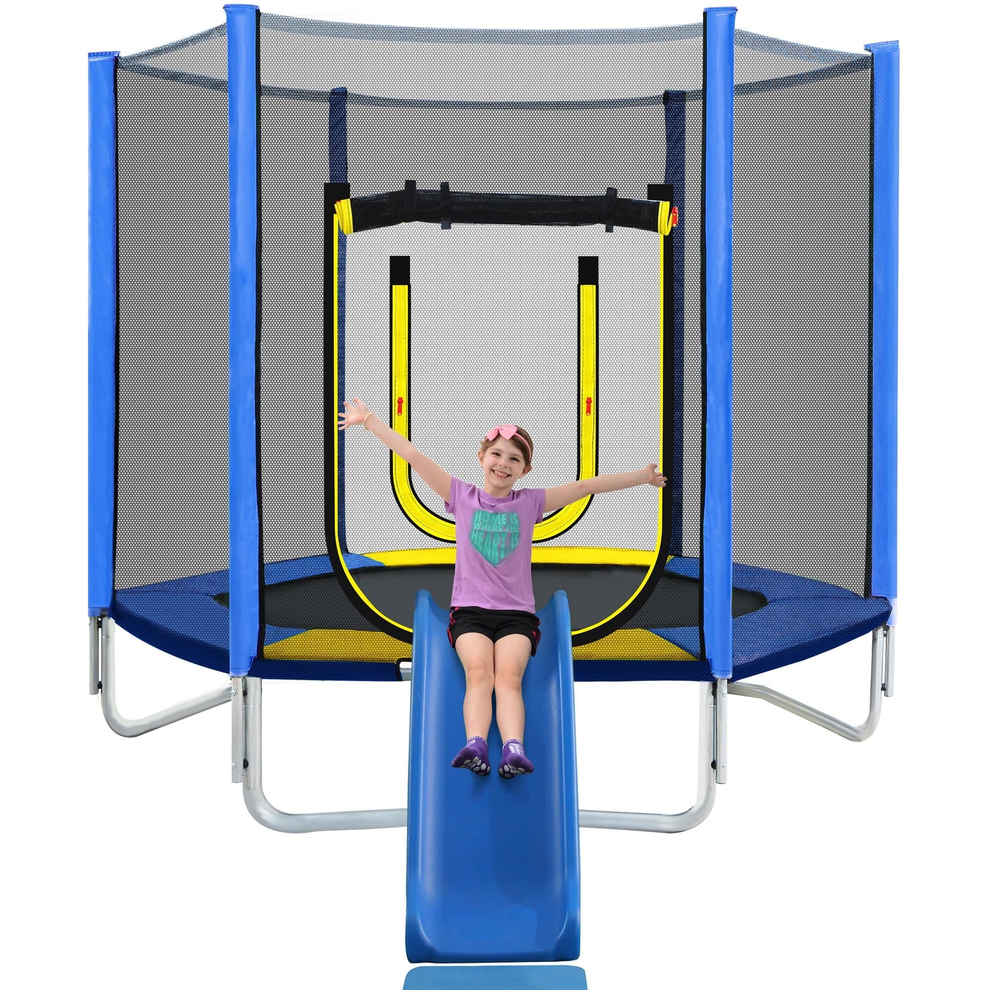 7FT Trampoline for Kids and Adults, Outdoor Trampoline with Safety Enclosure Net, Slide and Ladder, Heavy Duty Backyard Round Recreational Trampoline, Blue