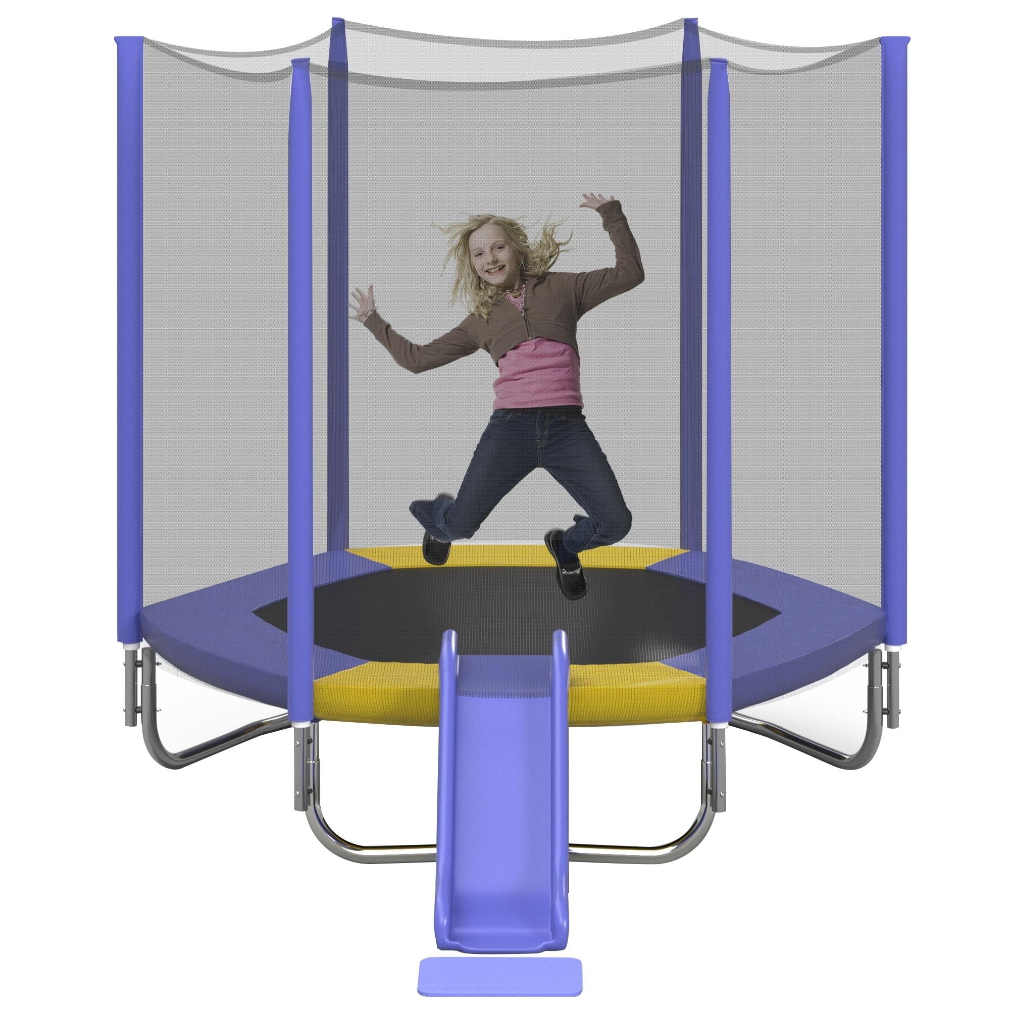 7FT Trampoline for Kids and Adults, Outdoor Trampoline with Safety Enclosure Net, Slide and Ladder, Heavy Duty Backyard Round Recreational Trampoline, Purple