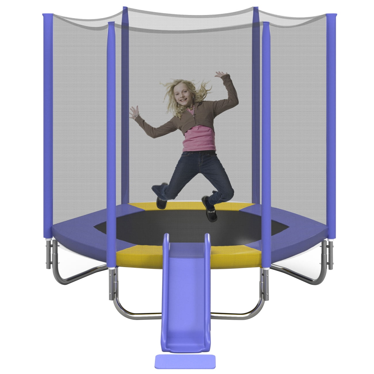 7FT Trampoline for Kids with Safety Enclosure Net, Recreational Trampoline with Slide and Ladder, Round Outdoor Trampoline,Waterproof Jump Mat for Kids, Teens, Boys, Girls, Purple