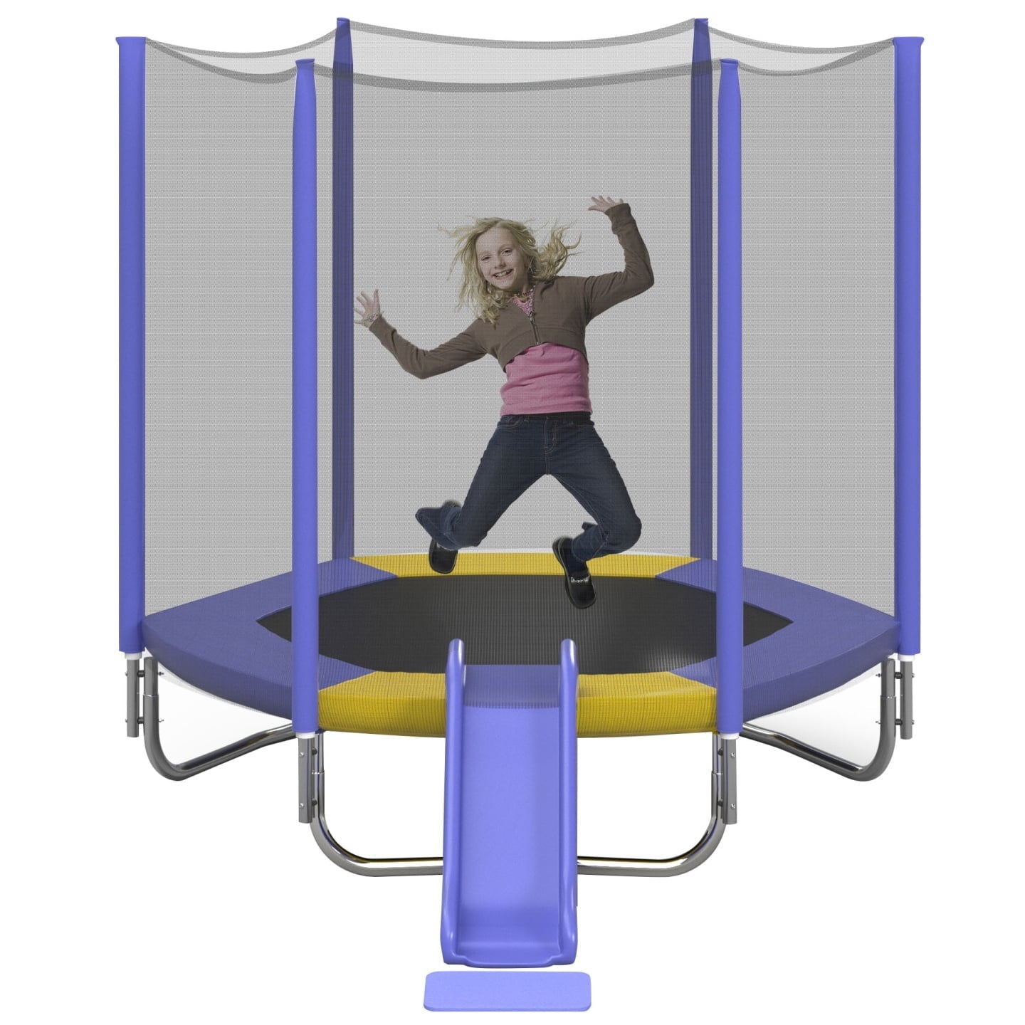 7FT Trampoline with Slide, Recreational Trampoline with Safety Enclosure Net and Ladder, Easy Assembly Round Outdoor Trampoline for Kids, Purple