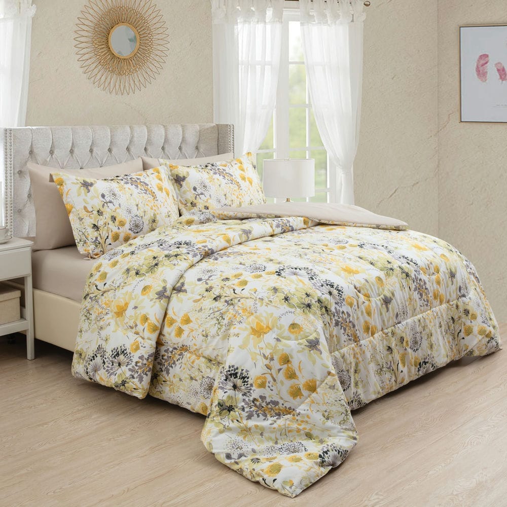 5 Piece Comforter Set Hydrangea Floral Pattern Marina Decoration Fluffy Goose Down Alternative Bed in a Bag Rich Printed Includes 3 Piece Sheet Set