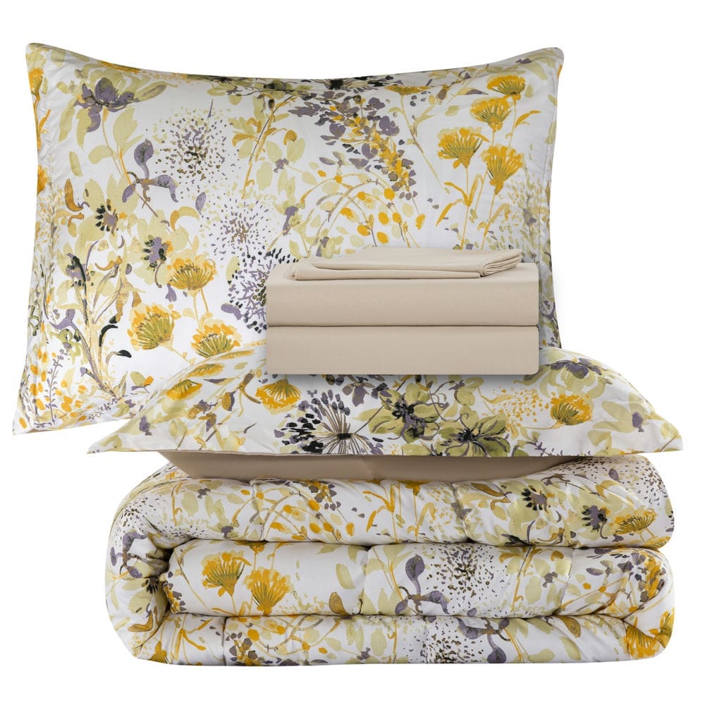 5 Piece Comforter Set Hydrangea Floral Pattern Marina Decoration Fluffy Goose Down Alternative Bed in a Bag Rich Printed Includes 3 Piece Sheet Set