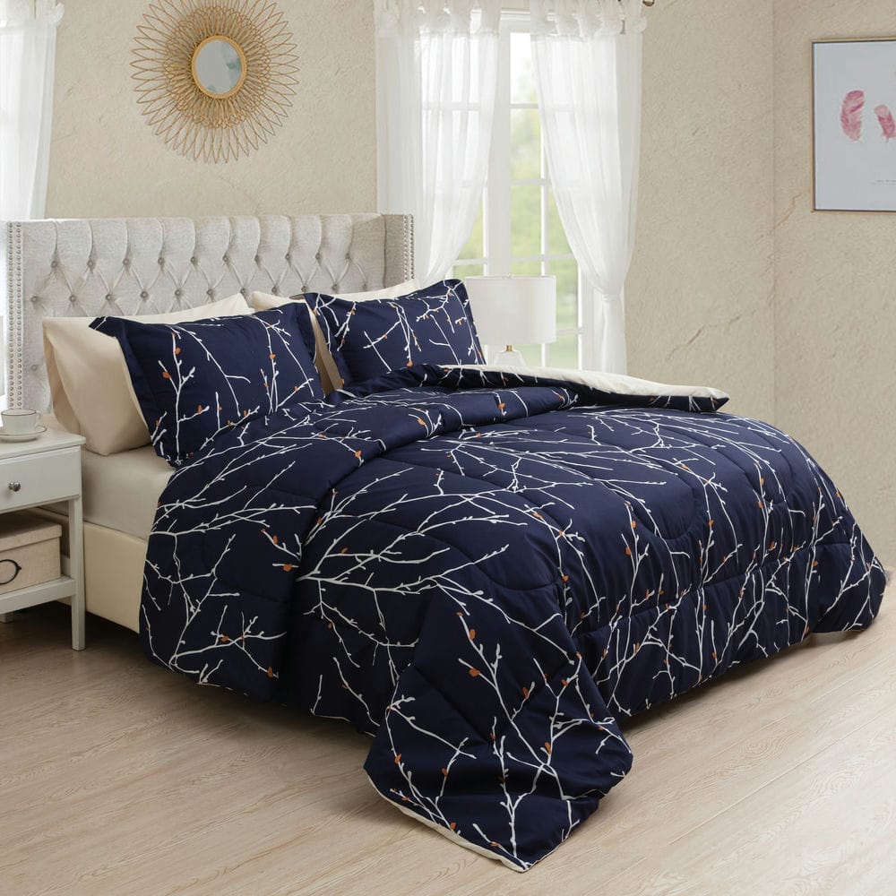 5 Piece Comforter Set Navy Blue Branches Pattern Marina Decoration Fluffy Goose Down Alternative Bed in a Bag Rich Printed Includes 3 Piece Sheet Set