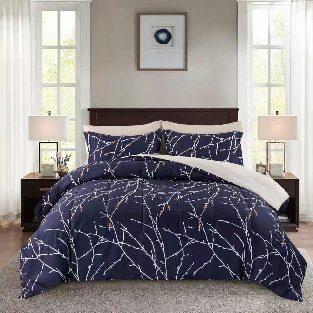 5 Piece Comforter Set Navy Blue Branches Pattern Marina Decoration Fluffy Goose Down Alternative Bed in a Bag Rich Printed Includes 3 Piece Sheet Set