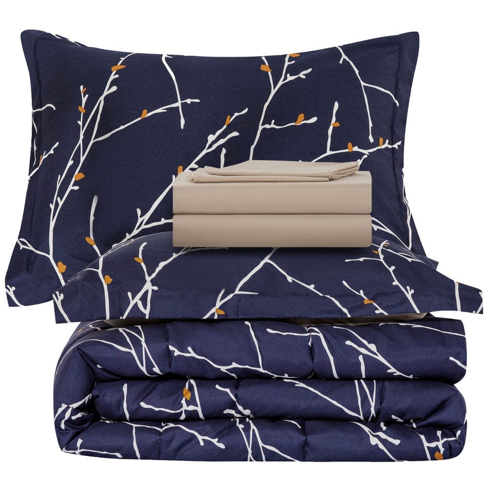 5 Piece Comforter Set Navy Blue Branches Pattern Marina Decoration Fluffy Goose Down Alternative Bed in a Bag Rich Printed Includes 3 Piece Sheet Set