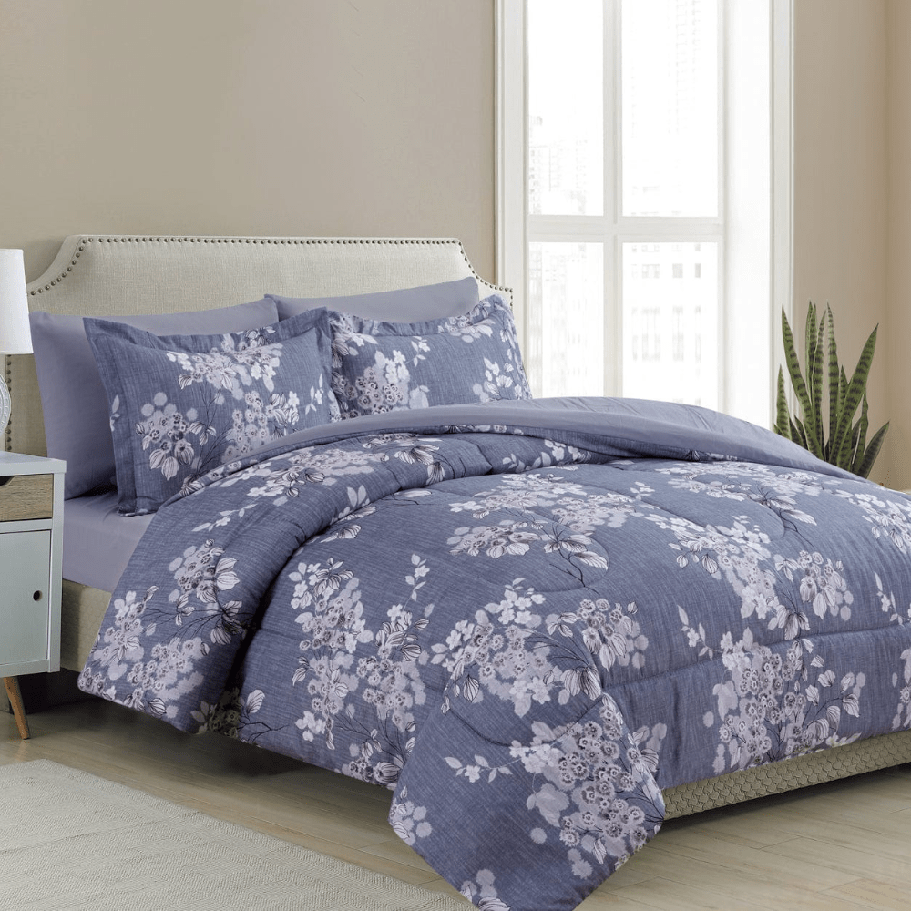 7 Piece Comforter Set Fluffy Goose Down Alternative Bed in a Bag Rich Printed Includes 4 Piece Sheet Set, Romantic Inkwash Flowers Pattern