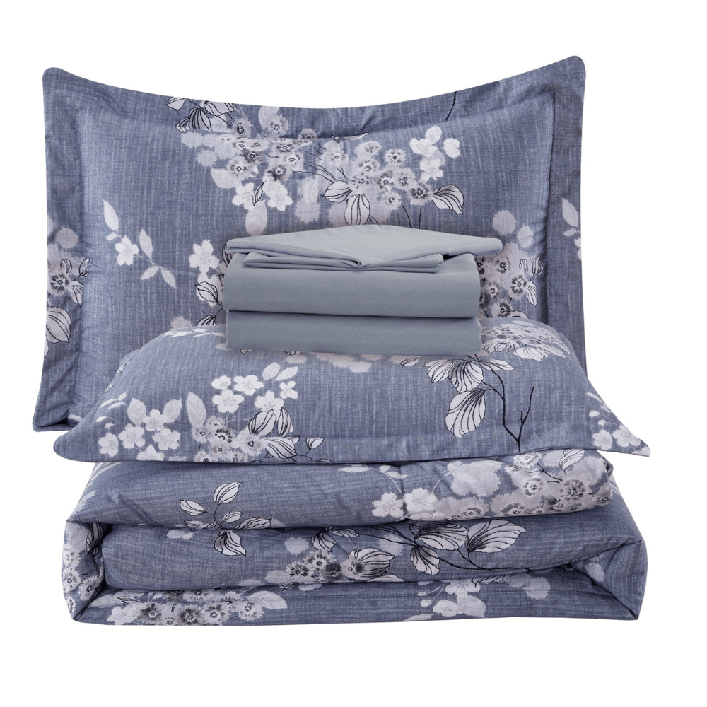 7 Piece Comforter Set Fluffy Goose Down Alternative Bed in a Bag Rich Printed Includes 4 Piece Sheet Set, Romantic Inkwash Flowers Pattern